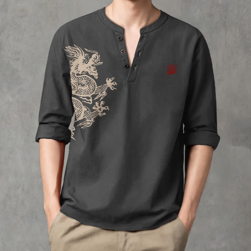 Buddha Stones Cotton Dragon Seal Pattern V-Neck Buttons Men's Long Sleeve Shirts - Black - US/UK/AU48，EU58 (4XL) - image 14