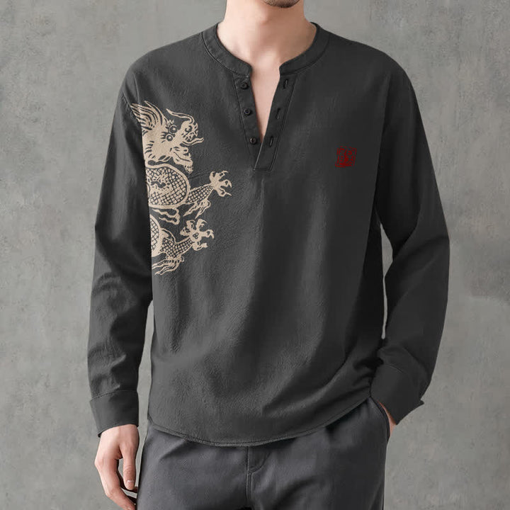 Buddha Stones Cotton Dragon Seal Pattern V-Neck Buttons Men's Long Sleeve Shirts - image 15