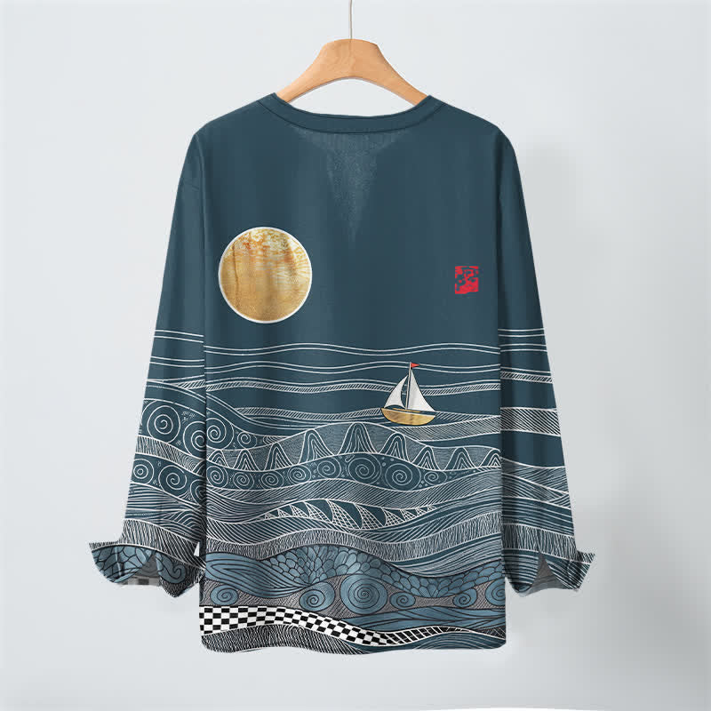Buddha Stones Cotton Ocean Wave Sailboat Moon Pattern V-Neck Buttons Men's Long Sleeve Shirts - image 3