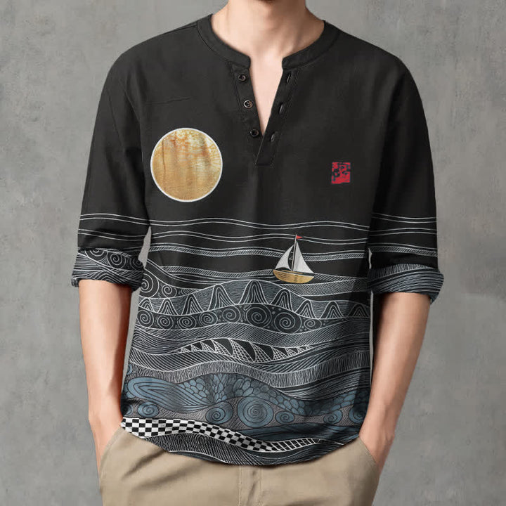 Buddha Stones Cotton Ocean Wave Sailboat Moon Pattern V-Neck Buttons Men's Long Sleeve Shirts - image 8