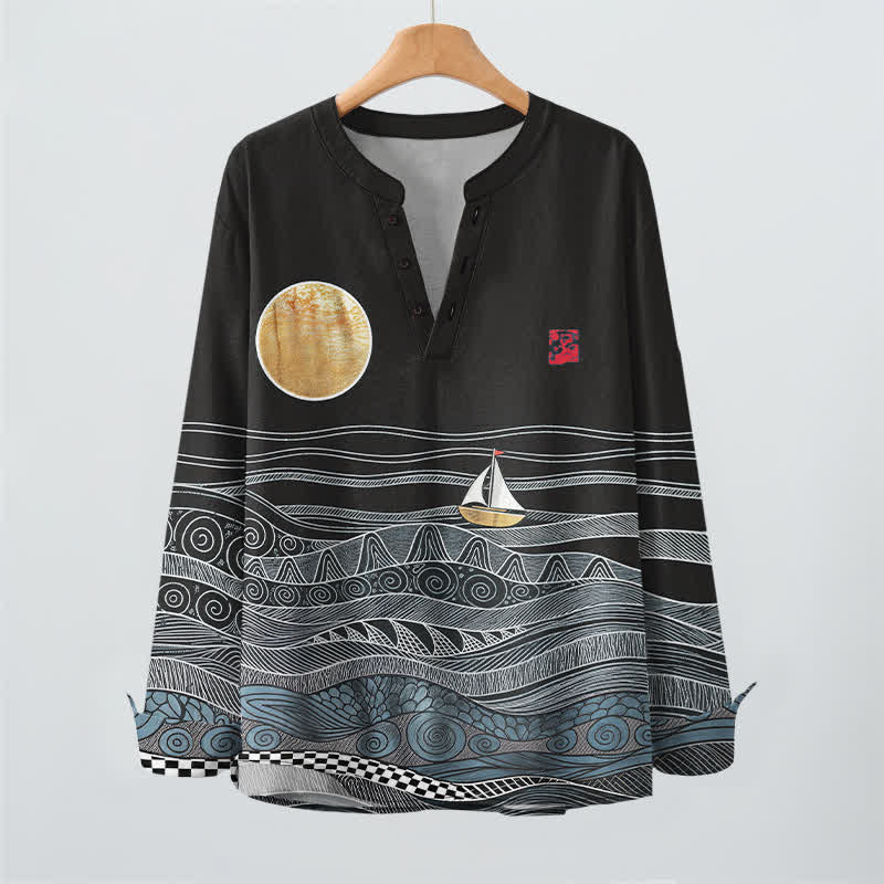 Buddha Stones Cotton Ocean Wave Sailboat Moon Pattern V-Neck Buttons Men's Long Sleeve Shirts - image 9