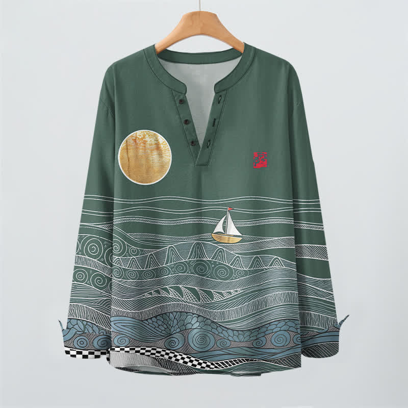 Buddha Stones Cotton Ocean Wave Sailboat Moon Pattern V-Neck Buttons Men's Long Sleeve Shirts - image 16