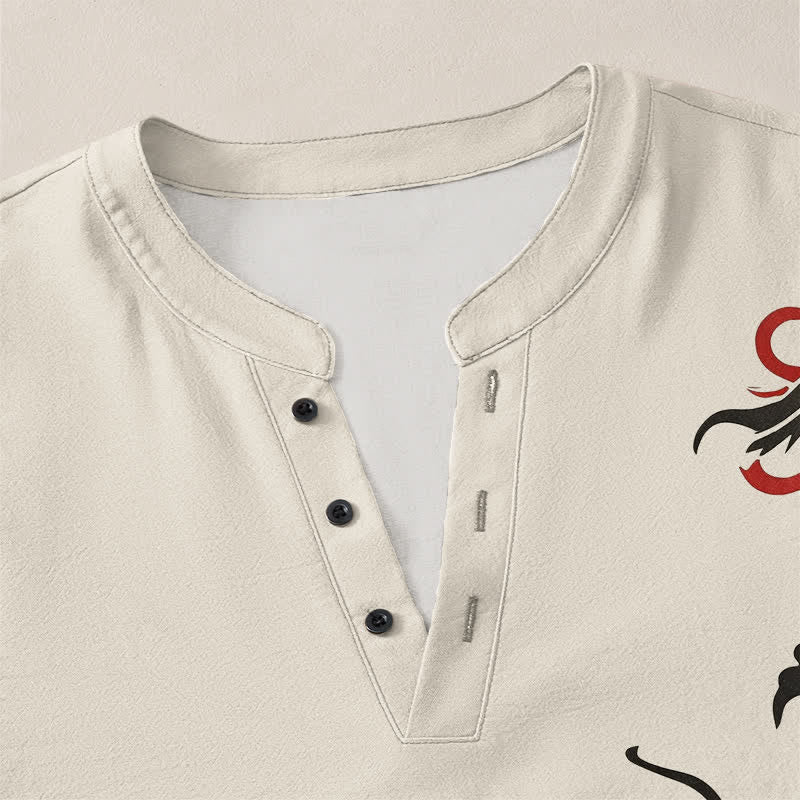 Buddha Stones Cotton Eastern Dragon Flame Pattern V-Neck Buttons Men's Long Sleeve Shirts - image 4