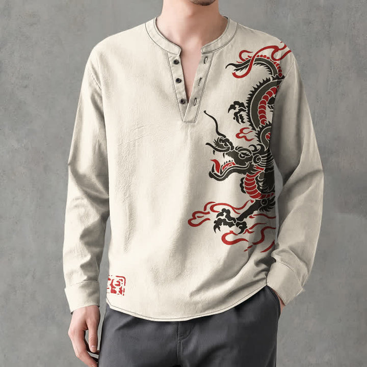Buddha Stones Cotton Eastern Dragon Flame Pattern V-Neck Buttons Men's Long Sleeve Shirts - image 1