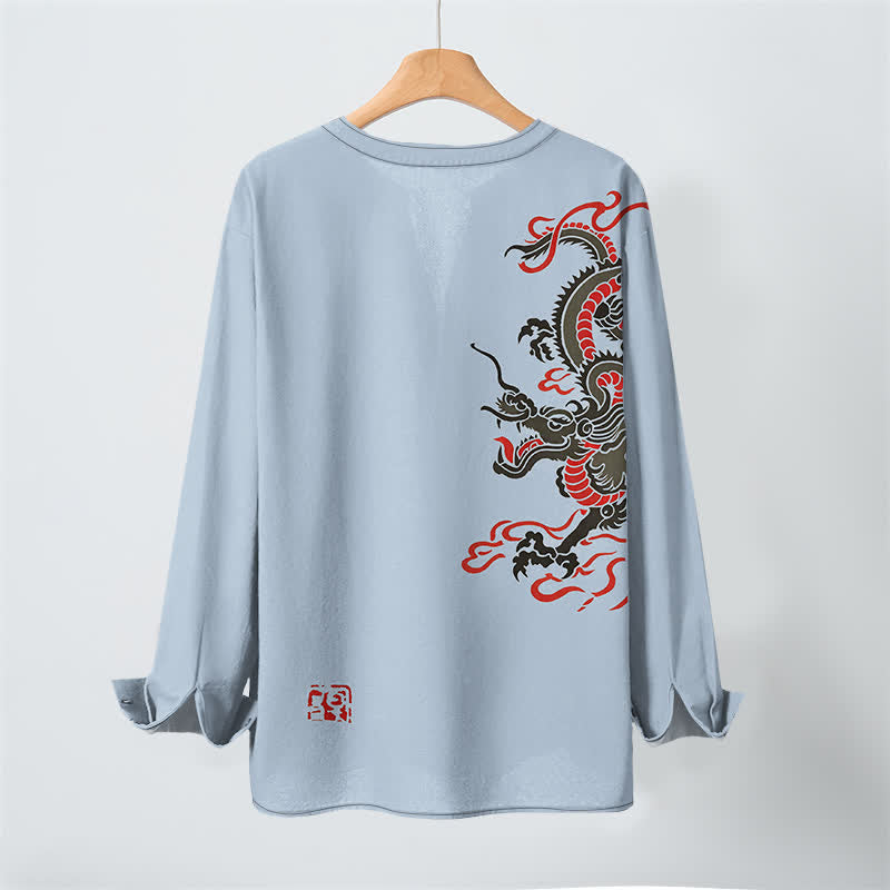 Buddha Stones Cotton Eastern Dragon Flame Pattern V-Neck Buttons Men's Long Sleeve Shirts - image 10