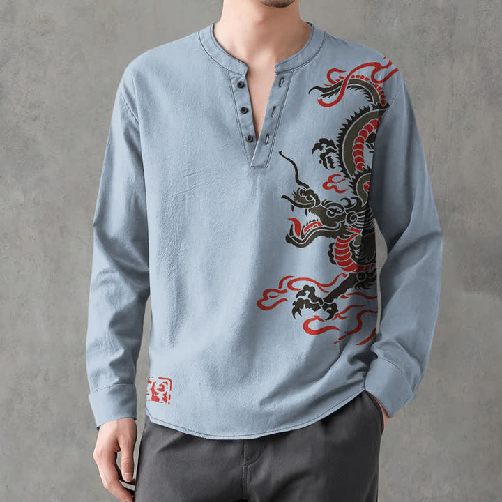 Buddha Stones Cotton Eastern Dragon Flame Pattern V-Neck Buttons Men's Long Sleeve Shirts - image 8