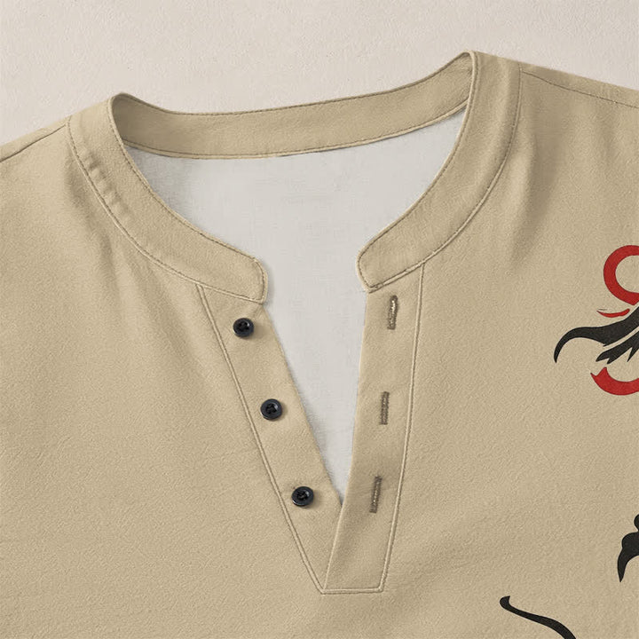 Buddha Stones Cotton Eastern Dragon Flame Pattern V-Neck Buttons Men's Long Sleeve Shirts - image 18