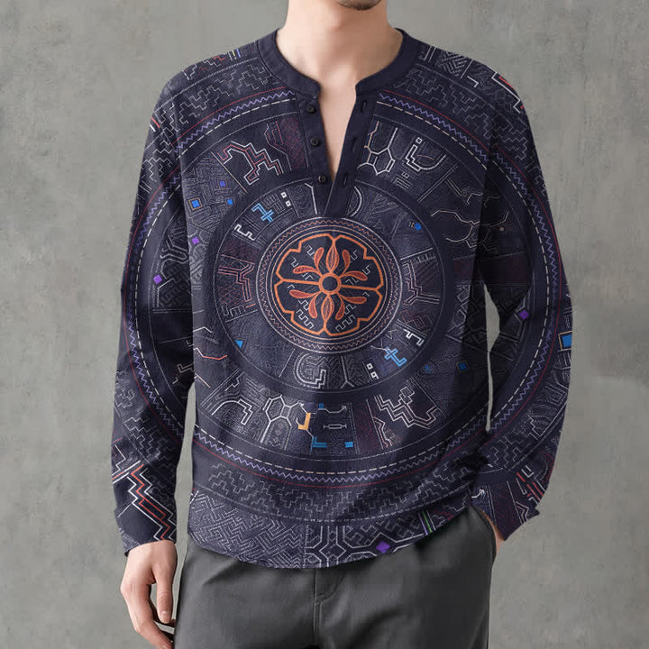 Buddha Stones Cotton Tribal Mandala Pattern V-Neck Buttons Men's Long Sleeve Shirts - image 1