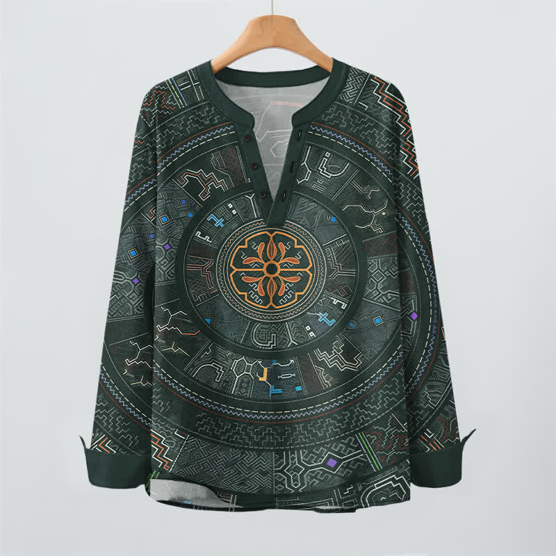 Buddha Stones Cotton Tribal Mandala Pattern V-Neck Buttons Men's Long Sleeve Shirts - image 9