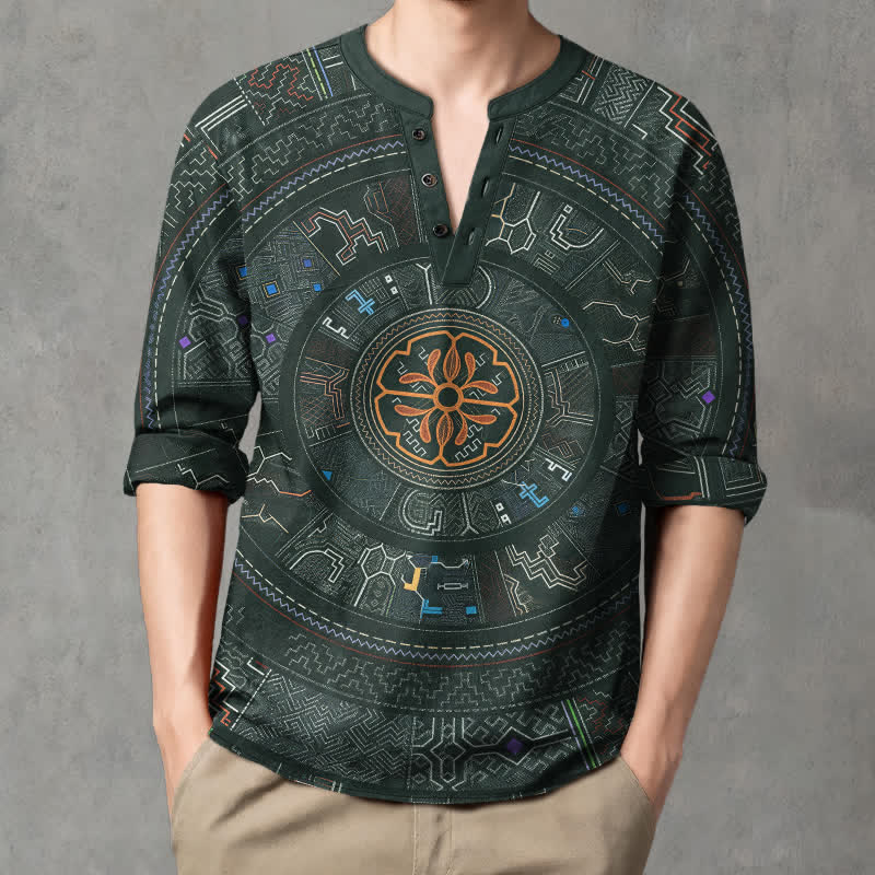 Buddha Stones Cotton Tribal Mandala Pattern V-Neck Buttons Men's Long Sleeve Shirts - DarkGreen - US/UK/AU48，EU58 (4XL) - image 7