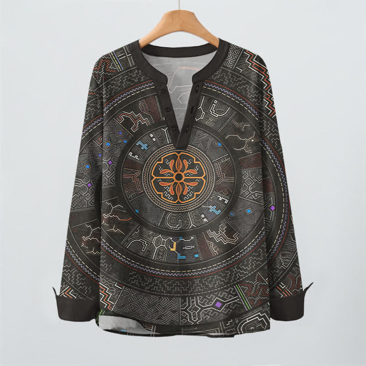 Buddha Stones Cotton Tribal Mandala Pattern V-Neck Buttons Men's Long Sleeve Shirts - image 16