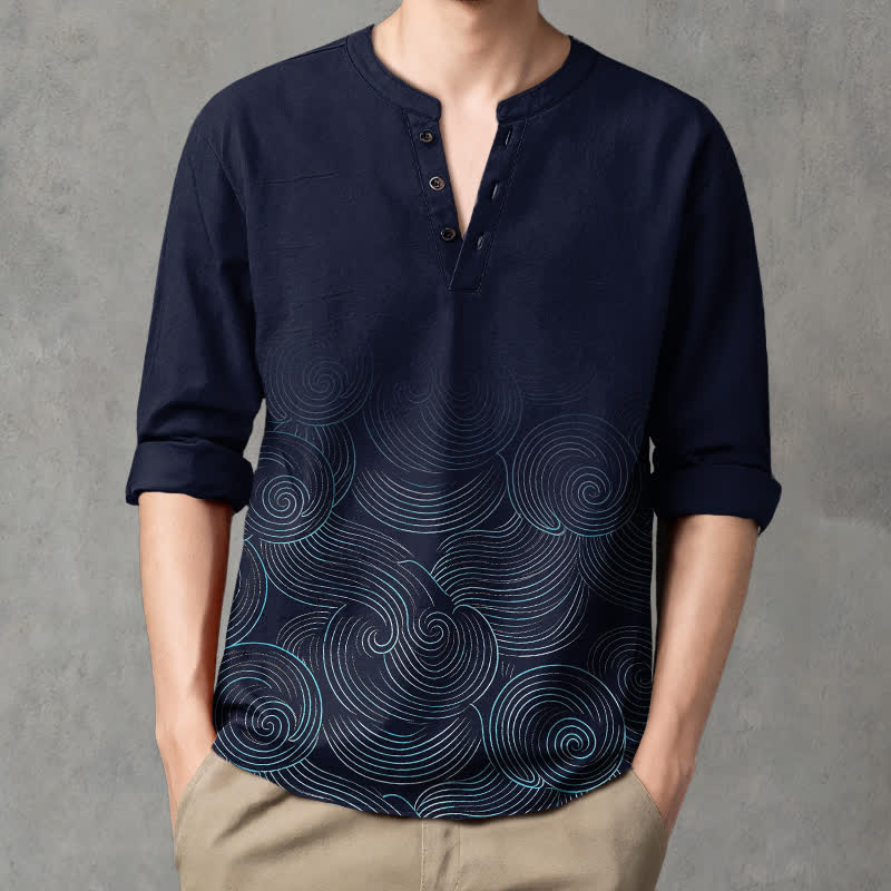 Buddha Stones Cotton Ocean Wave Spiral Pattern V-Neck Buttons Men's Long Sleeve Shirts - Navy - US/UK/AU48，EU58 (4XL) - image 0