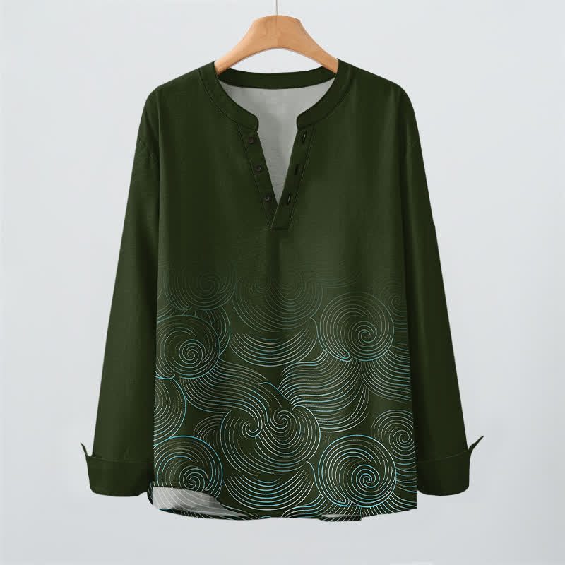 Buddha Stones Cotton Ocean Wave Spiral Pattern V-Neck Buttons Men's Long Sleeve Shirts - image 9