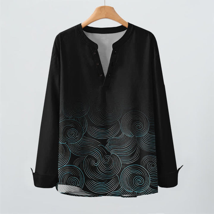 Buddha Stones Cotton Ocean Wave Spiral Pattern V-Neck Buttons Men's Long Sleeve Shirts - image 16