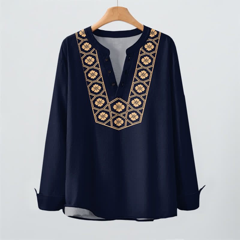 Buddha Stones Cotton Ethnic Flower Grid Pattern V-Neck Buttons Men's Long Sleeve Shirts - image 3