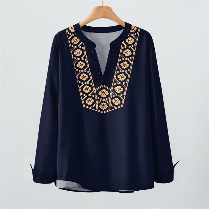Buddha Stones Cotton Ethnic Flower Grid Pattern V-Neck Buttons Men's Long Sleeve Shirts - image 3