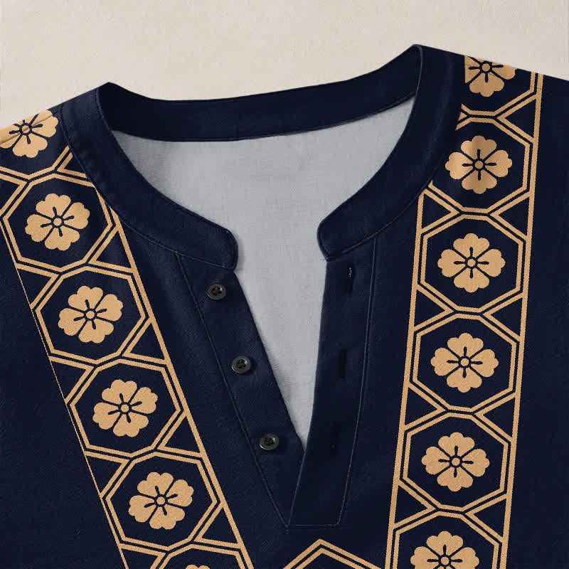 Buddha Stones Cotton Ethnic Flower Grid Pattern V-Neck Buttons Men's Long Sleeve Shirts - image 4