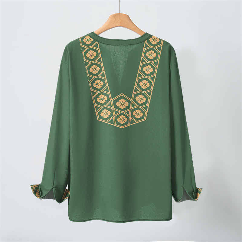 Buddha Stones Cotton Ethnic Flower Grid Pattern V-Neck Buttons Men's Long Sleeve Shirts - image 10