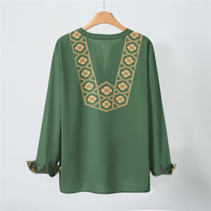 Buddha Stones Cotton Ethnic Flower Grid Pattern V-Neck Buttons Men's Long Sleeve Shirts - image 10