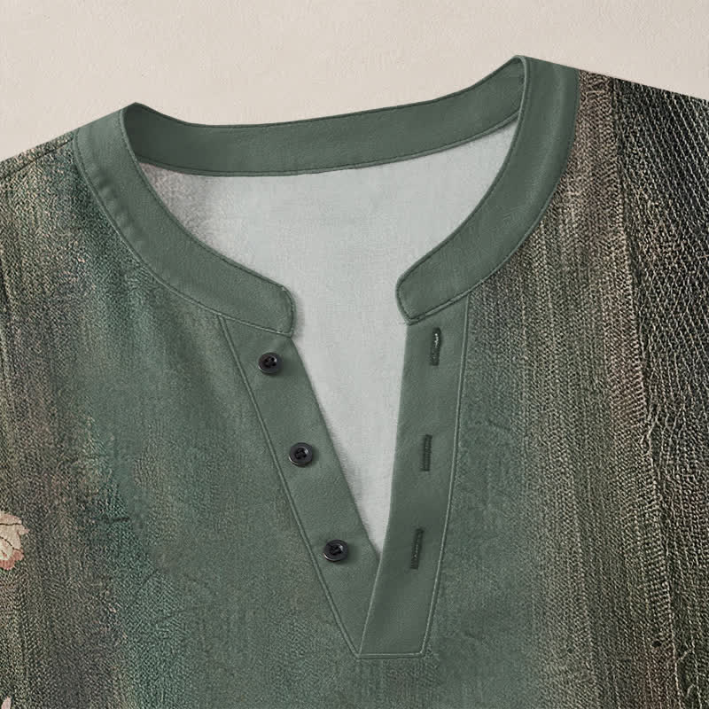 Buddha Stones Cotton Vintage Floral Vine Pattern V-Neck Buttons Men's Long Sleeve Shirts - image 4
