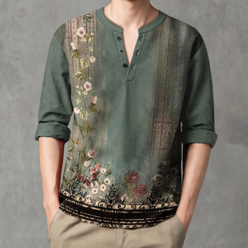 Buddha Stones Cotton Vintage Floral Vine Pattern V-Neck Buttons Men's Long Sleeve Shirts - image 1