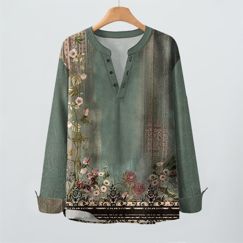 Buddha Stones Cotton Vintage Floral Vine Pattern V-Neck Buttons Men's Long Sleeve Shirts - image 2
