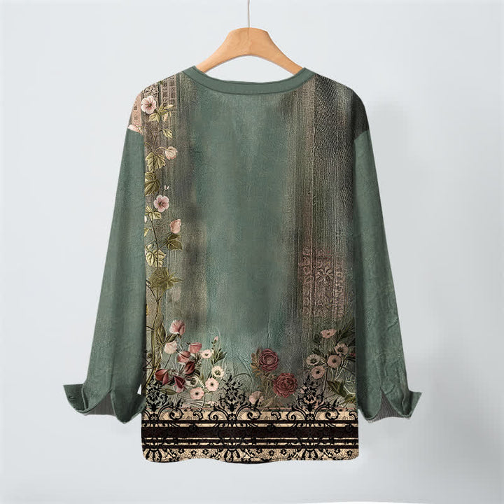 Buddha Stones Cotton Vintage Floral Vine Pattern V-Neck Buttons Men's Long Sleeve Shirts - image 3