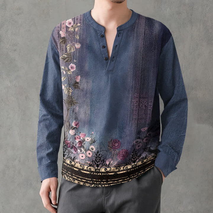 Buddha Stones Cotton Vintage Floral Vine Pattern V-Neck Buttons Men's Long Sleeve Shirts - SteelBlue - US/UK/AU48，EU58 (4XL) - image 7