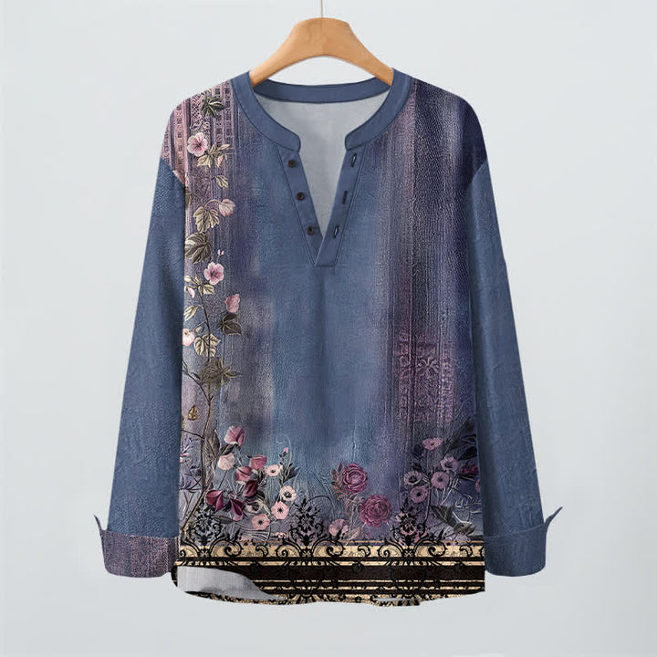 Buddha Stones Cotton Vintage Floral Vine Pattern V-Neck Buttons Men's Long Sleeve Shirts - image 9