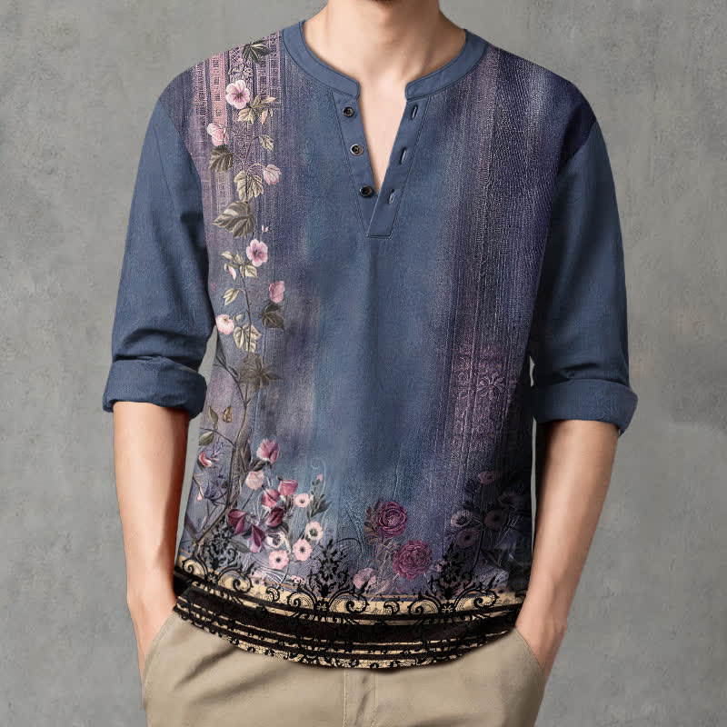 Buddha Stones Cotton Vintage Floral Vine Pattern V-Neck Buttons Men's Long Sleeve Shirts - image 8
