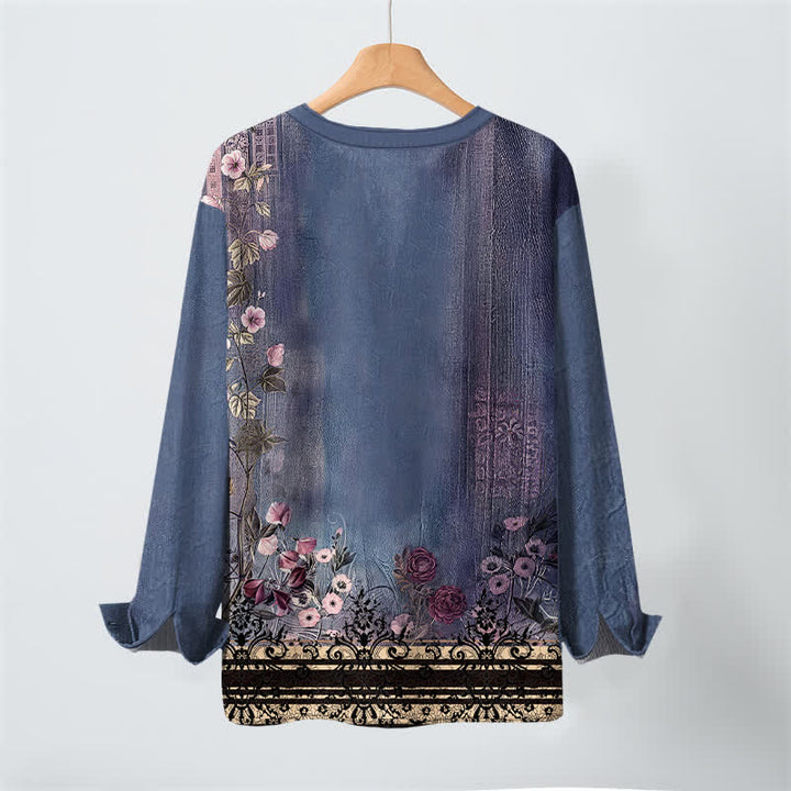 Buddha Stones Cotton Vintage Floral Vine Pattern V-Neck Buttons Men's Long Sleeve Shirts - image 10