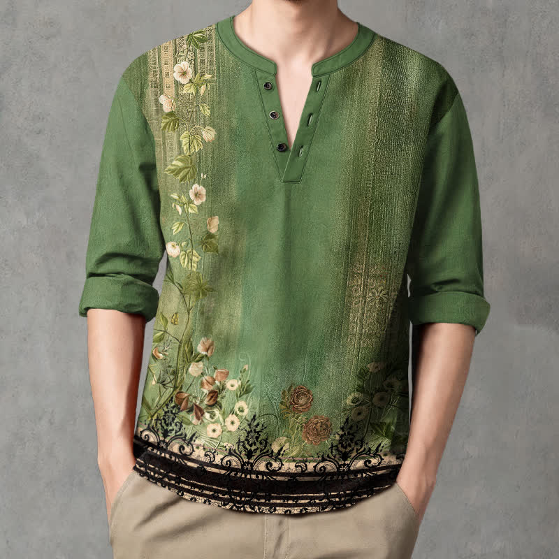 Buddha Stones Cotton Vintage Floral Vine Pattern V-Neck Buttons Men's Long Sleeve Shirts - image 15