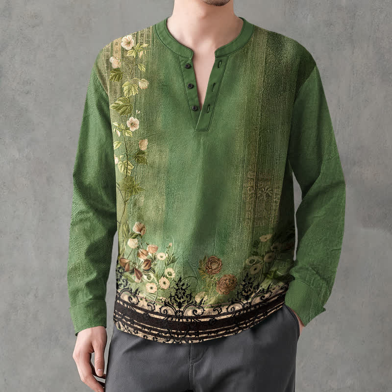 Buddha Stones Cotton Vintage Floral Vine Pattern V-Neck Buttons Men's Long Sleeve Shirts - ForestGreen - US/UK/AU48，EU58 (4XL) - image 14