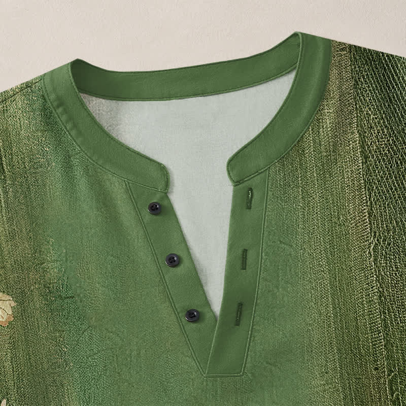 Buddha Stones Cotton Vintage Floral Vine Pattern V-Neck Buttons Men's Long Sleeve Shirts - image 18