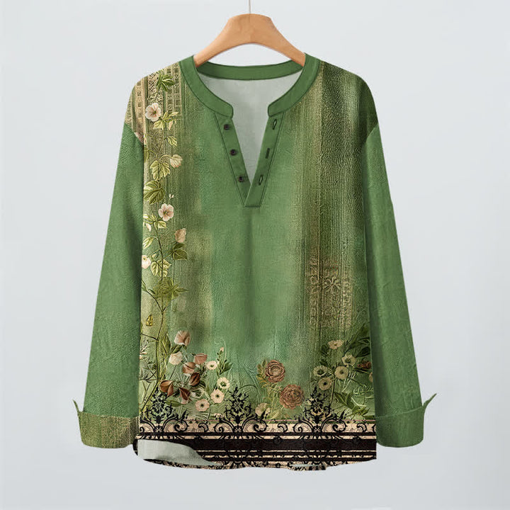 Buddha Stones Cotton Vintage Floral Vine Pattern V-Neck Buttons Men's Long Sleeve Shirts - image 16
