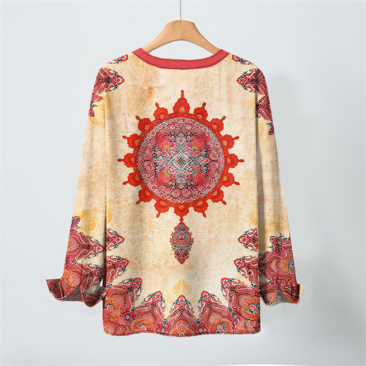 Buddha Stones Cotton Ethnic Paisley Mandala Flower Pattern V-Neck Buttons Men's Long Sleeve Shirts - image 3