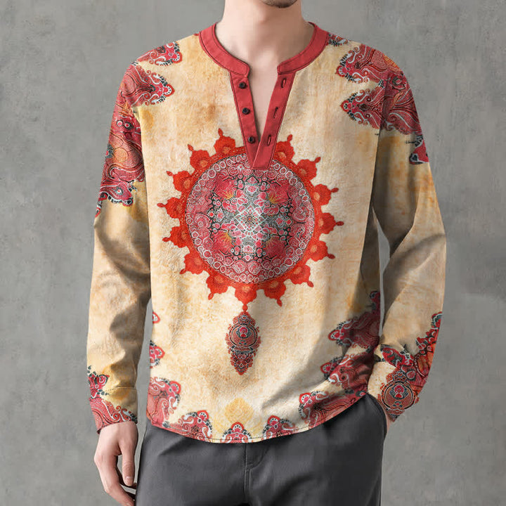 Buddha Stones Cotton Ethnic Paisley Mandala Flower Pattern V-Neck Buttons Men's Long Sleeve Shirts - image 1