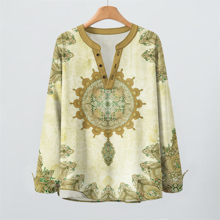 Buddha Stones Cotton Ethnic Paisley Mandala Flower Pattern V-Neck Buttons Men's Long Sleeve Shirts - image 9