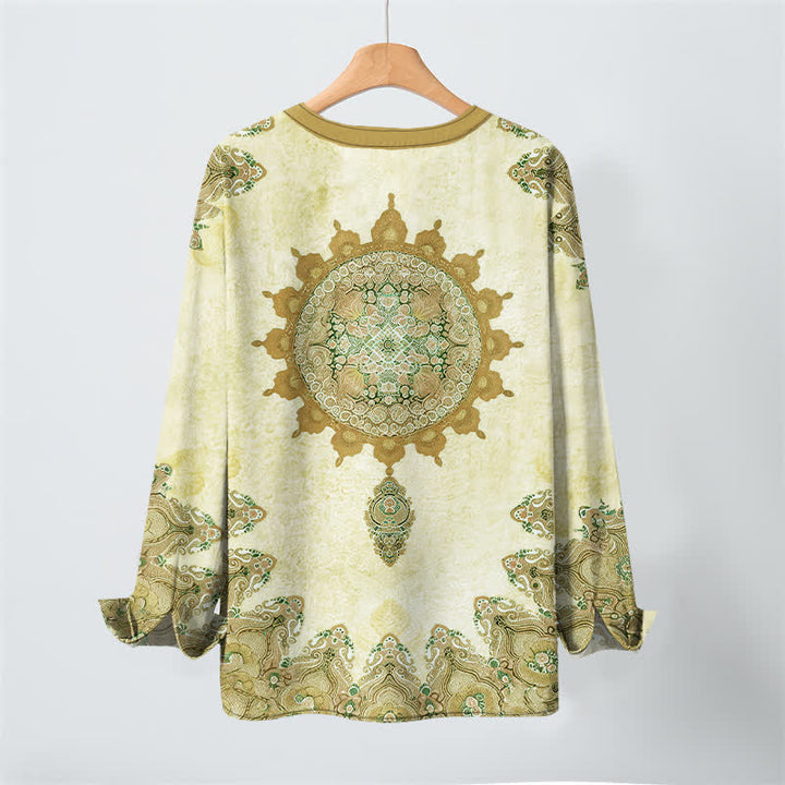 Buddha Stones Cotton Ethnic Paisley Mandala Flower Pattern V-Neck Buttons Men's Long Sleeve Shirts - image 10