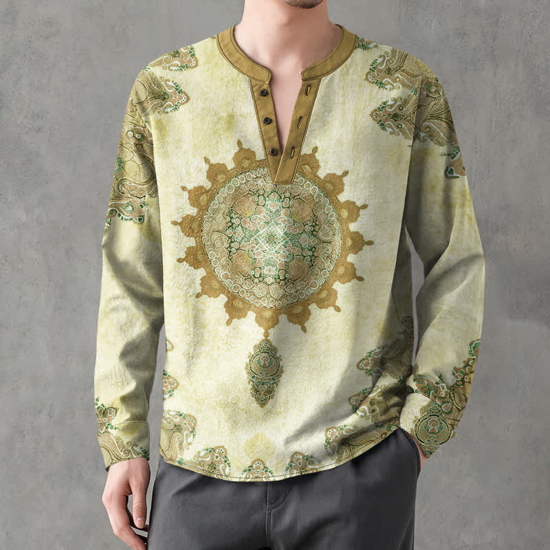 Buddha Stones Cotton Ethnic Paisley Mandala Flower Pattern V-Neck Buttons Men's Long Sleeve Shirts - image 8