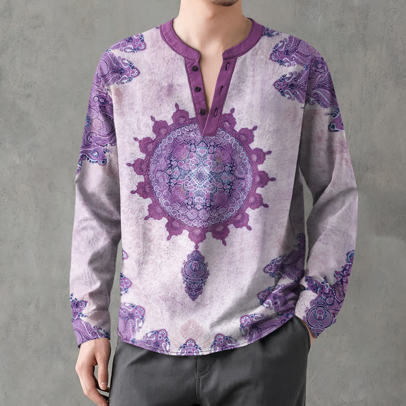 Buddha Stones Cotton Ethnic Paisley Mandala Flower Pattern V-Neck Buttons Men's Long Sleeve Shirts - image 15