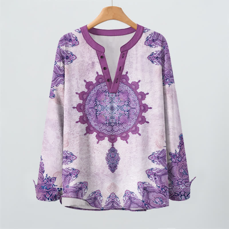 Buddha Stones Cotton Ethnic Paisley Mandala Flower Pattern V-Neck Buttons Men's Long Sleeve Shirts - image 16