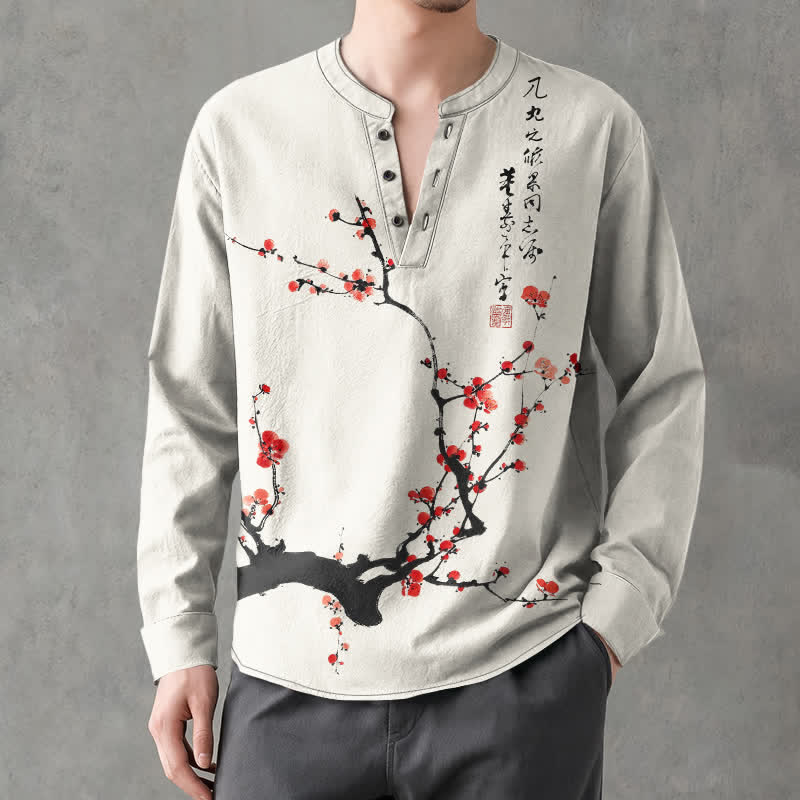 Buddha Stones Cotton Ink Red Plum Blossom Pattern V-Neck Buttons Men's Long Sleeve Shirts - Linen - US/UK/AU48，EU58 (4XL) - image 0