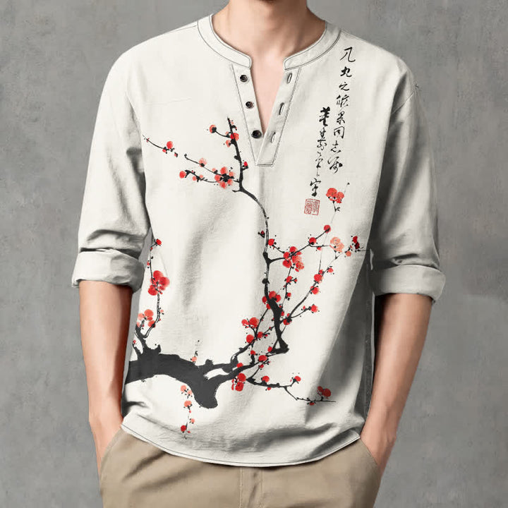 Buddha Stones Cotton Ink Red Plum Blossom Pattern V-Neck Buttons Men's Long Sleeve Shirts - image 1