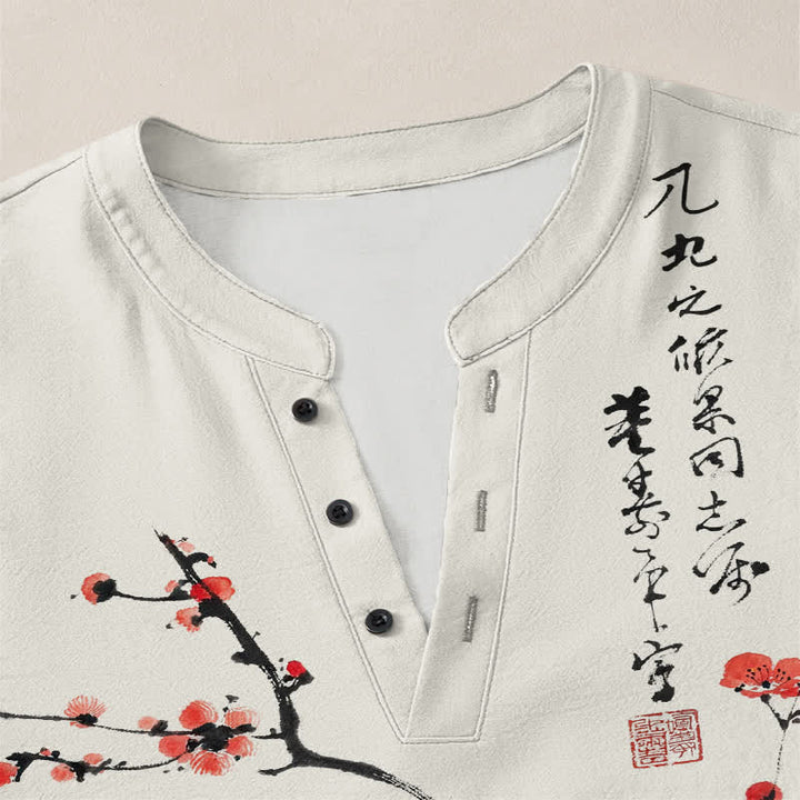 Buddha Stones Cotton Ink Red Plum Blossom Pattern V-Neck Buttons Men's Long Sleeve Shirts - image 4