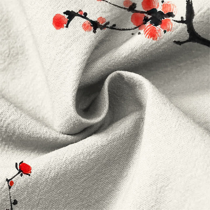 Buddha Stones Cotton Ink Red Plum Blossom Pattern V-Neck Buttons Men's Long Sleeve Shirts - image 6