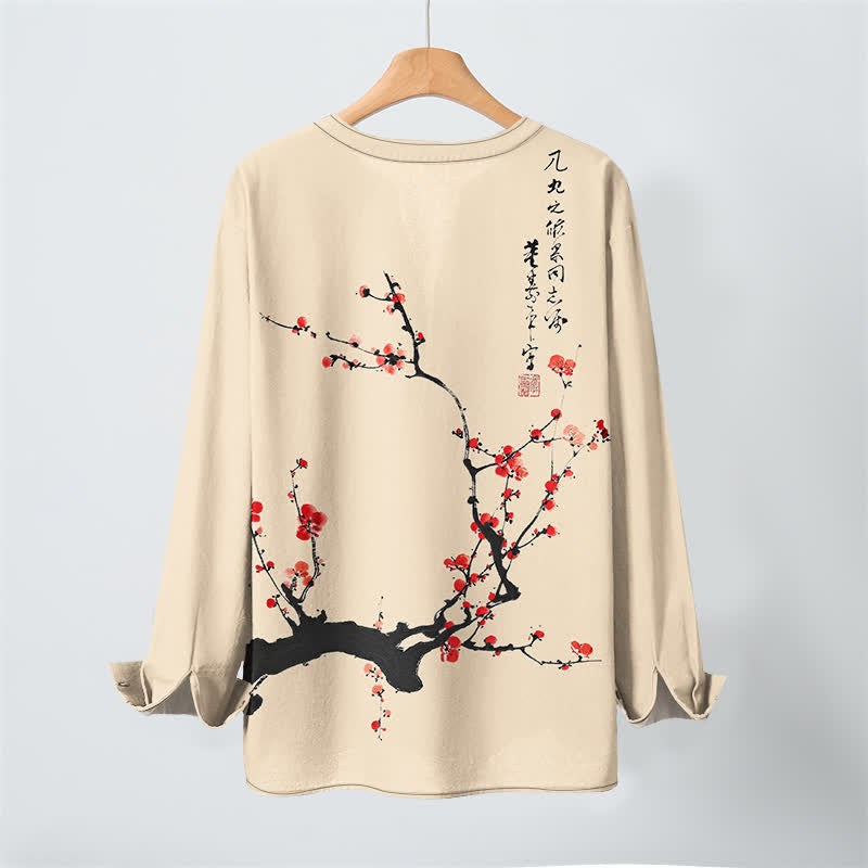 Buddha Stones Cotton Ink Red Plum Blossom Pattern V-Neck Buttons Men's Long Sleeve Shirts - image 10