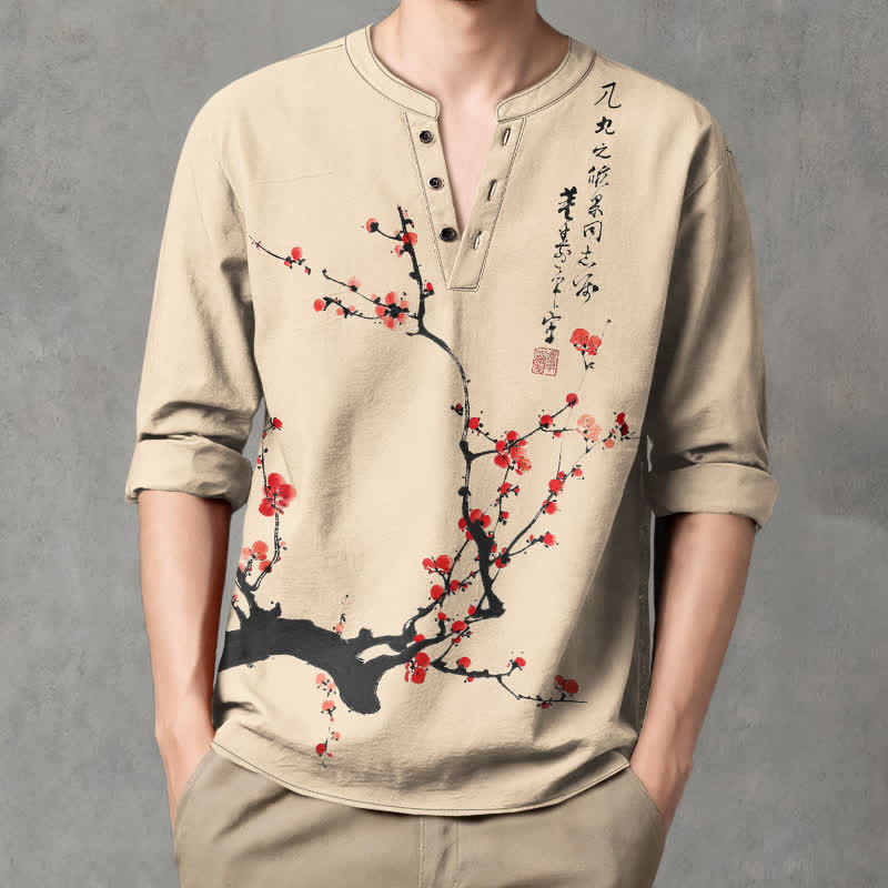 Buddha Stones Cotton Ink Red Plum Blossom Pattern V-Neck Buttons Men's Long Sleeve Shirts - image 8