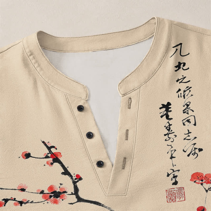 Buddha Stones Cotton Ink Red Plum Blossom Pattern V-Neck Buttons Men's Long Sleeve Shirts - image 11