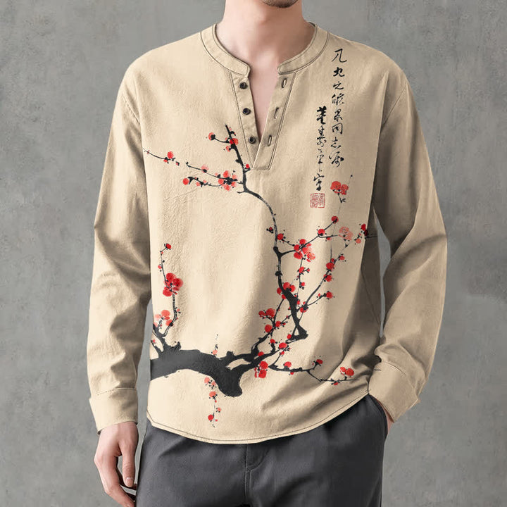 Buddha Stones Cotton Ink Red Plum Blossom Pattern V-Neck Buttons Men's Long Sleeve Shirts - Tan - US/UK/AU48，EU58 (4XL) - image 7
